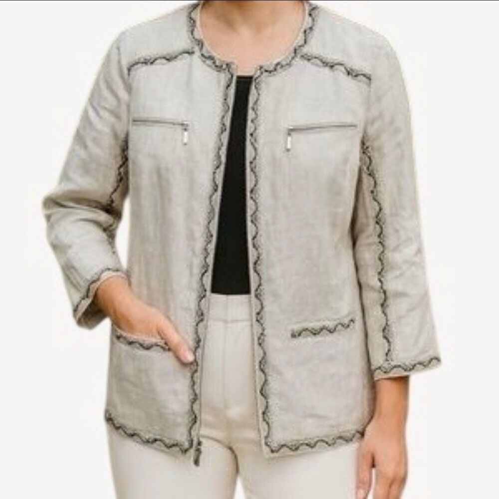 Chicos 2 US Large 12 Linen Blend Jacket Snakeskin Trim Open Front Zipper Pockets